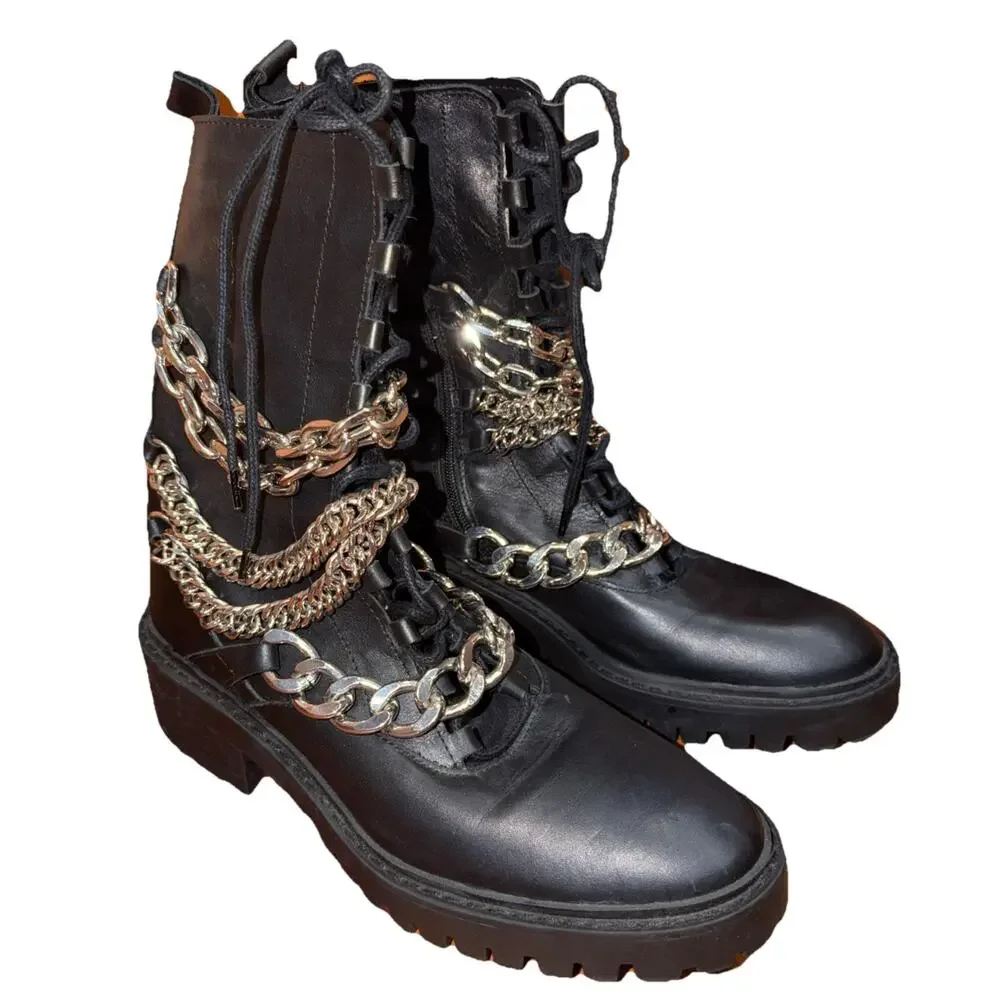 Zara Black Leather Chain Combat Boots 9.5